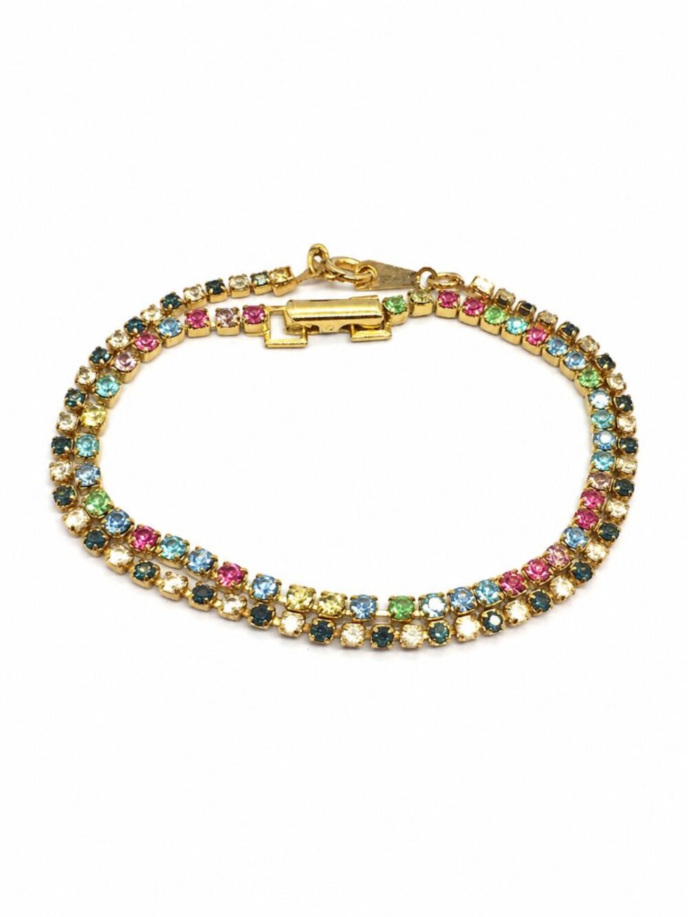 VINTAGE TENNIS BRACELETS Set 2 Avon Rhinestone Pastel Multicolor Gold Tone